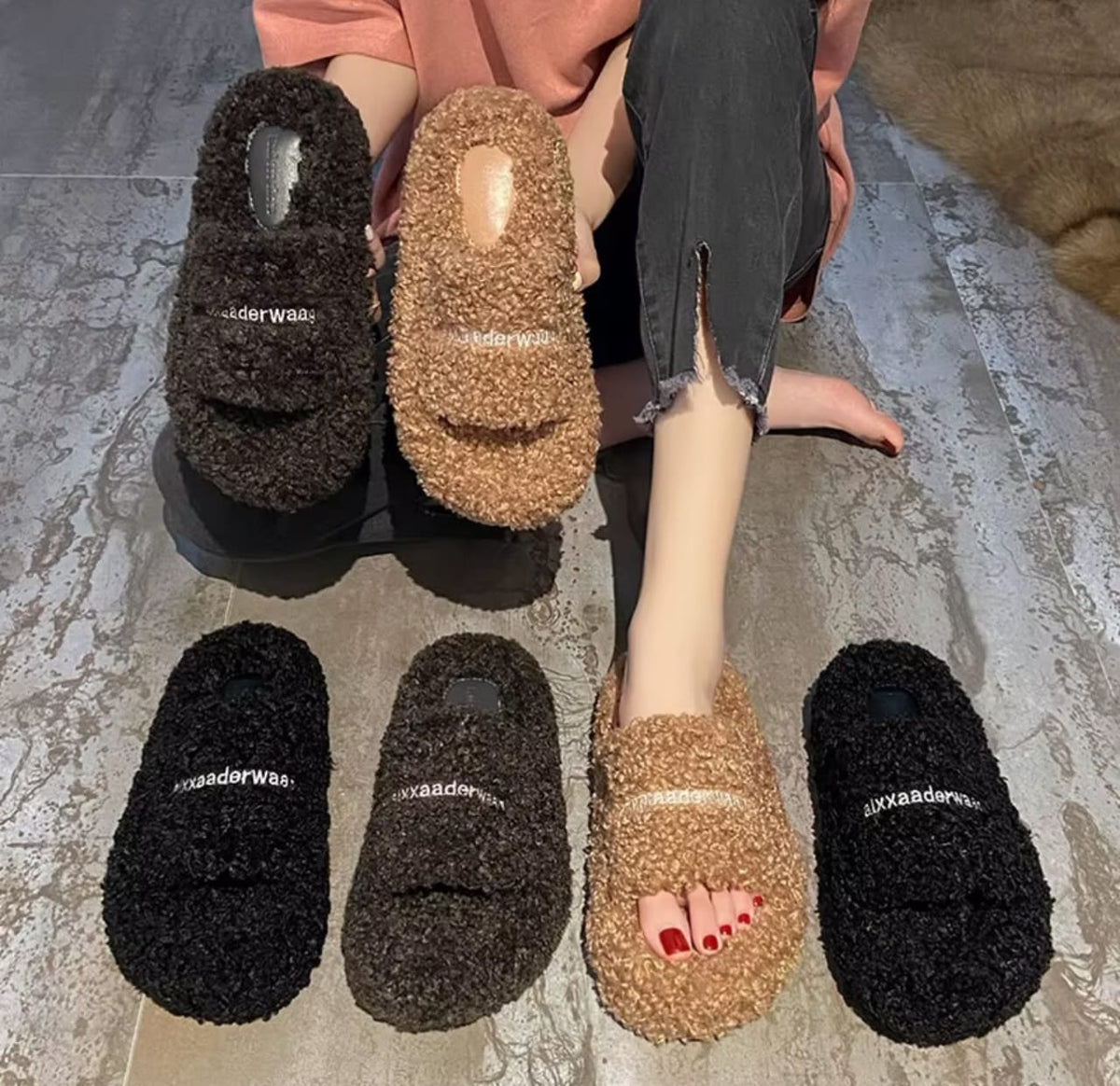 Women's Fluffy Open-Toe Slippers, Soft Plush Indoor House Slides