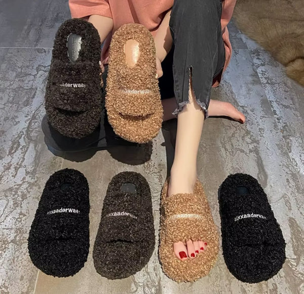 Women's Fluffy Open-Toe Slippers, Soft Plush Indoor House Slides